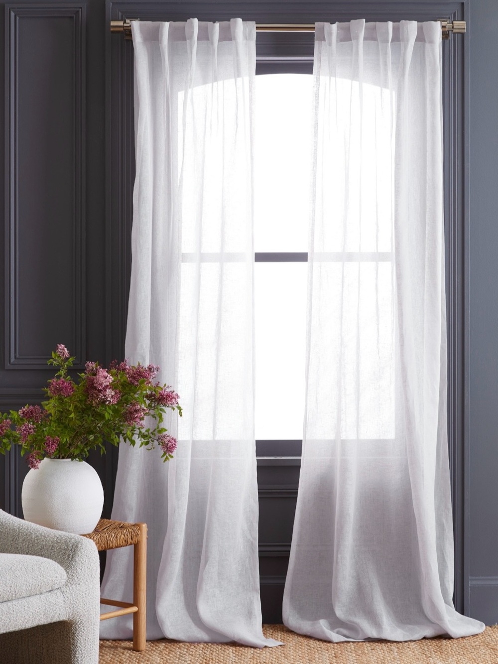 European Linen Sheer Curtain Set - White- 2 panels